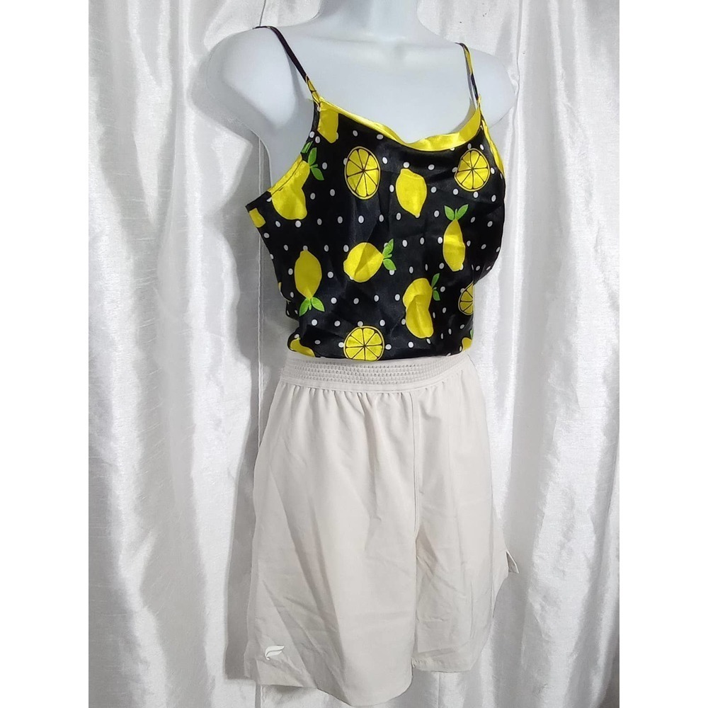 LEMON fruit satin tank top camisole summer BLOUSE black yellow polka dots